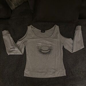 bebe Gray Cold Shoulder Top with Embellishments